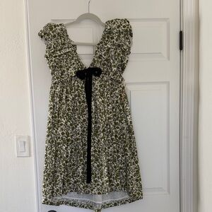 Girls Green Floral Ruffle Dress with Black Bow